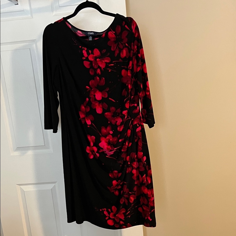 Chaps 3/4 Sleeve Black Dress with Red Floral Design